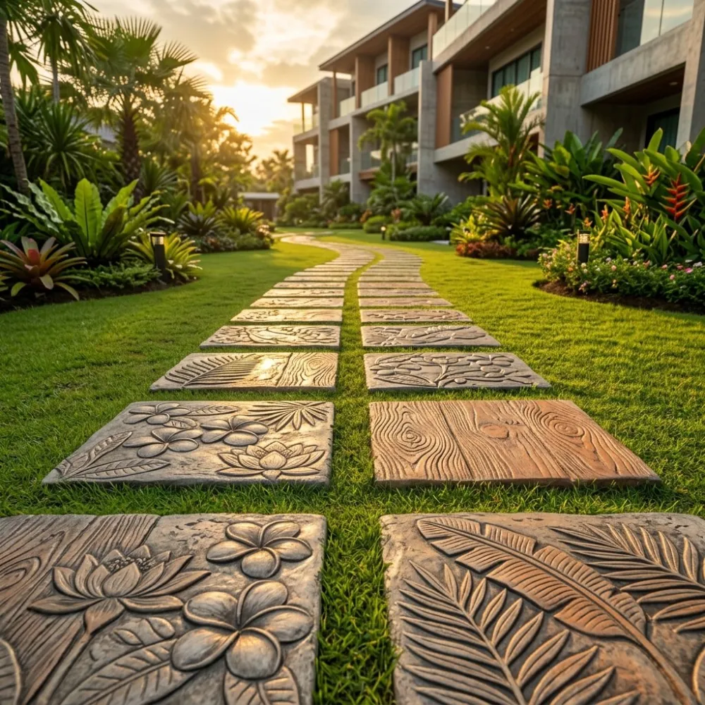 แผ่นทางเดินปูนลาย สเต็ปปิ้ง บนสนามหญ้า ในงานจัดสวนโครงการ POTS28
